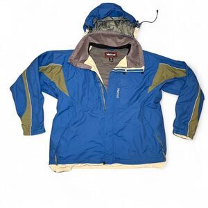 Marmot Men’s XL Hooded Ski Snow Jacket Blue/Olive Zip Winter Parka vintage 90s
